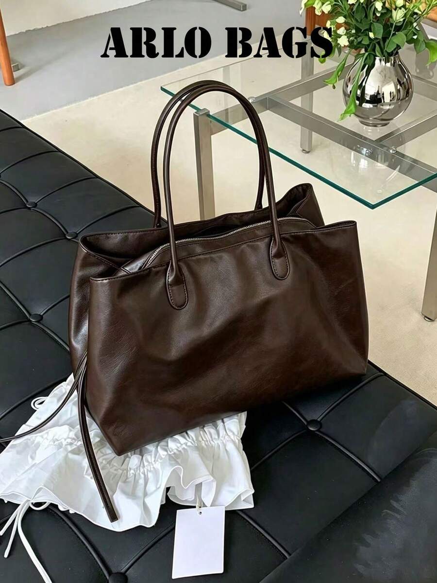 Minimalist Tote Bag With Clean Silhouette, Built-In Zippered Compartment For Organized Storage, Large Capacity Open Main Compartment, Long Handle And Shoulder Strap Design, Relaxed Commuter Style Tote Bag, Suitable For Workplace, Campus, Short Trips, Can Store Multiple Personal Items, Aesthetic Shoulder Bag, Niche Popular Versatile Travel Bag For Women - Coffee - View 1