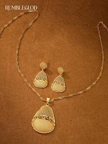 3pcs Luxury Exquisite Oval Middle Eastern Pattern Necklace & Earrings Set, 18K Gold Plated, Suitable For Women, Girls, Wedding, Party, Daily Wear - Gold - View 2