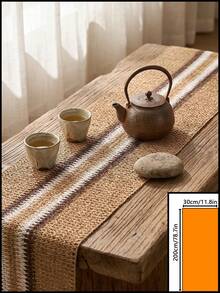 1pc Brown & White Wide Striped Table Runner, Natural Rustic Style, Long Rectangular Woven Texture Detail, Decorative Functional Tea Mat For Tea Room Decor And Natural Home Decor Scenes - Khaki - View 13
