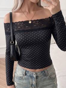 SCARLUX Fall Winter Women Y2K Polka Dot Long Sleeve Top, Lace Trim Off‑Shoulder Fitted Tee For Back To School, Street, Daily Commute - Black - View 5
