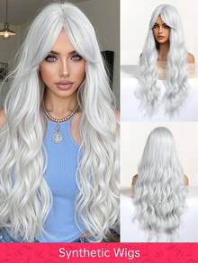 30 Inch Long Wavy Synthetic Wig For Women, Copper Orange With Full Bangs Or Silver White With Middle Part Curtain Bangs, Heat-Resistant Natural Hair Texture, Suitable For Halloween Costumes, Cosplay, Masquerade, Theme Parties, Carnivals And Holiday Styling - Multicolor - View 13