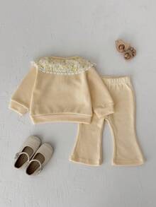 2Pcs/Set Baby Girl Floral Patchwork Peter Pan Collar Long Sleeve Outfit, Infant Ribbed Knit Top And Flare Pants Set - Yellow - View 8