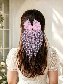 1件女童蕾絲刺繡蝴蝶結面紗髮夾，仙女風緞帶兒童髮飾 - 彩色 - 查看 7