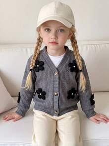 Girls' Simple Elegant V-Neck Cable Knit Button Cardigan With 3D Flower And Pearl Decor Long Sleeve Jacket, Spring Autumn Winter - Grey - View 7