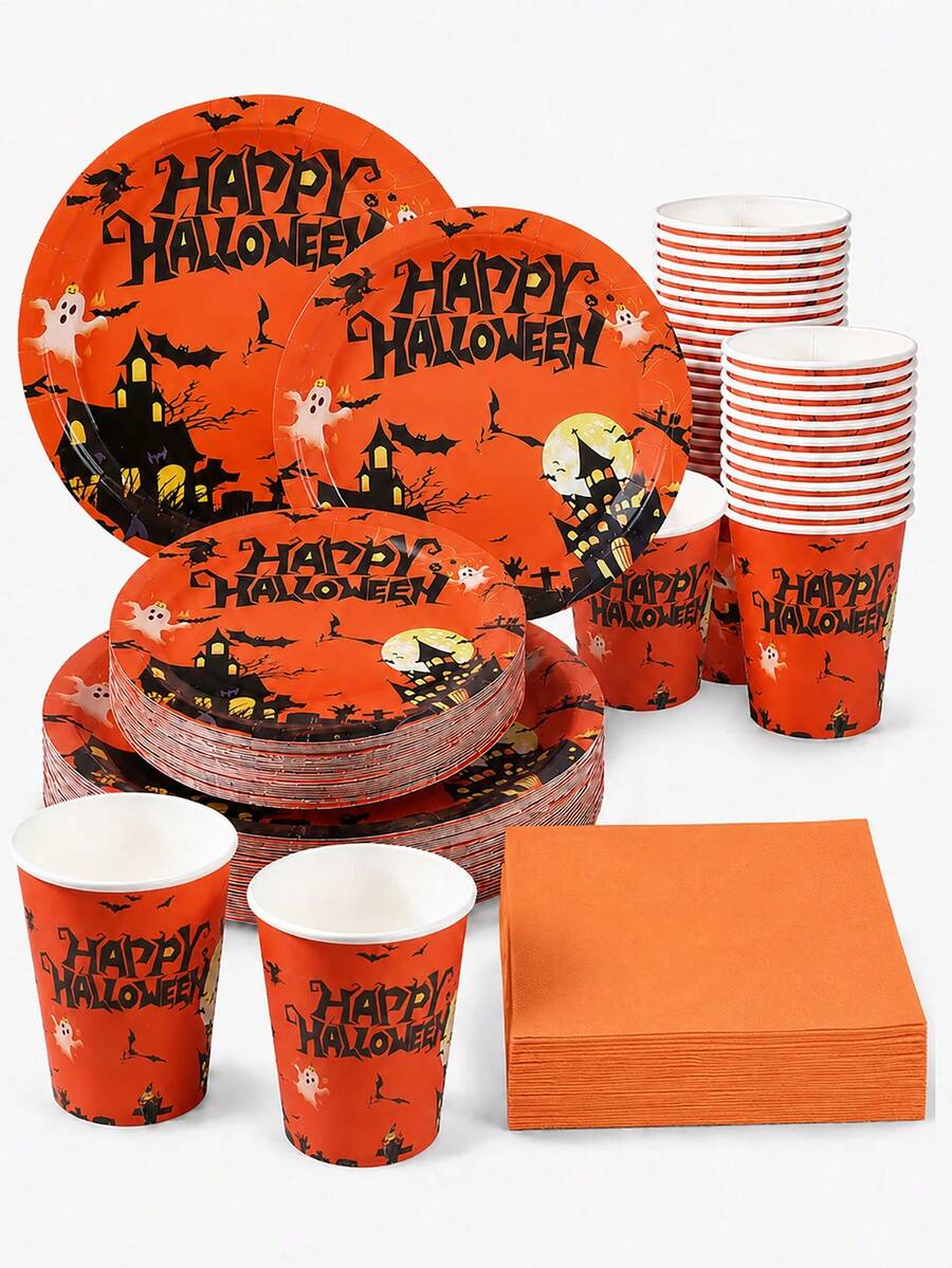 10/24pcs Disposable Paper Tableware Set, Includes 7/9 Inch Disposable Paper Plates, Cups And Napkins, Orange Halloween Theme, Haunted House, Ghost, Pumpkin, Bat And Tombstone Cartoon Patterns, Suitable For Halloween Party Celebration - Halloween Castle - View 1