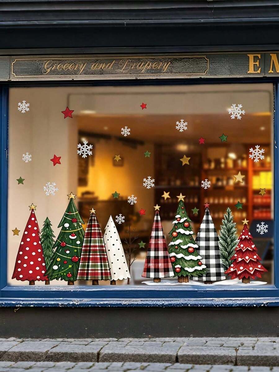 1/2 Sheets Christmas Window Stickers - Reusable Static Cling Window Decals, Featuring Christmas Tree, Snowflake And Star Patterns - Plaid, Polka Dot, Buffalo Check Holiday Decor, Suitable For Home, Glass Doors, Store Windows And Party Supplies - Christmas - View 1