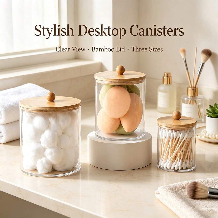 Bamboo Lid Dust-Proof Storage Jar Transparent Visible Desktop Organizer Box Large Opening Easy Access Cotton Pads Cotton Swabs Makeup Sponges Jewelry Vanity Organizer