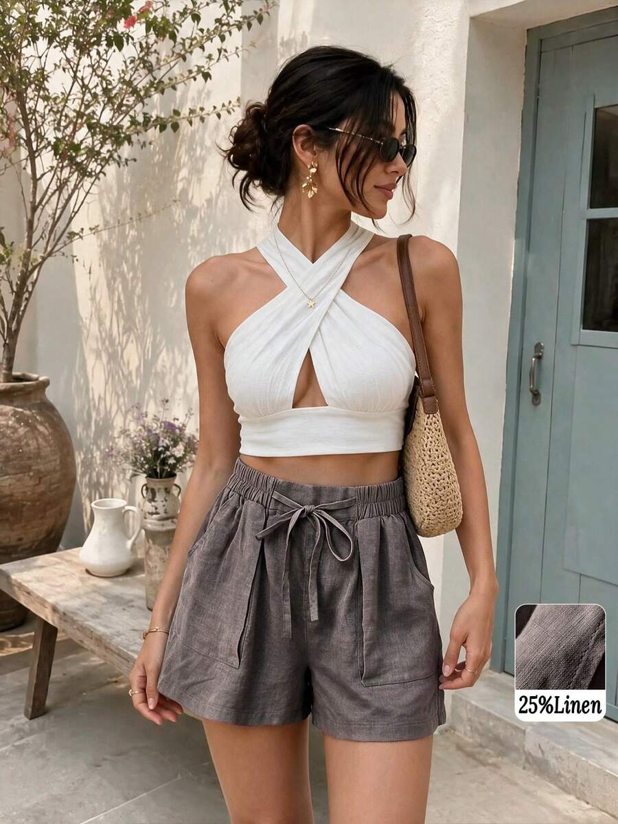 Women's Casual Linen Elastic Waist Pocket Shorts, Suitable For Spring And Summer Vacation - Dark Grey - View 1