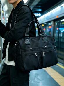 Men's Black Waterproof Nylon Briefcase Large Capacity Multi-Pocket Laptop Shoulder Bag Business Work Office Handbag For Daily Commute Travel - Black - View 3