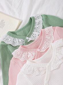 3pcs Spring/Autumn Baby Girl Ribbed Long Sleeve Bodysuit With Lace Trim, Side Snap Closure, Belly Cover, Bodysuit Crawl Suit - Multicolor - View 3