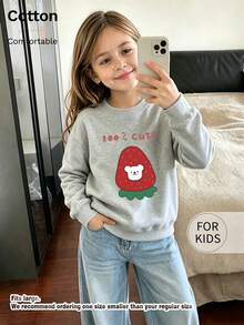 Tween Girl Crew Neck Sweatshirt, 100% Cute Print Pure Cotton Pullover, Soft Casual Long Sleeve Top - Flower Ash - View 3