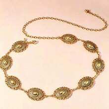Cinturón de cadena para la cintura de mujer, hebilla tallada vintage bohemia, cadena de metal texturizado negro, estilo occidental para jeans, talla grande, playa - Dorado - Ver 7