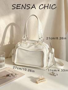 Handbag, Glossy Square Ita Bag With Transparent Display Compartment And Delicate Bowknot Accent, Multiple Zipper Pockets For Enhanced Storage, Comes With Handle And Long Shoulder Strap, Switch Between Hand-Carry And Crossbody, Fresh Girly Style, Suitable For Anime Conventions And Daily Outings - White - View 2