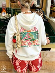 Women's Casual White Printed Sweatshirt, Coast And Floral Pattern, Long Drop Shoulder Pullover, Warm Fleece Lining, Suitable For Autumn Wear - White - View 3