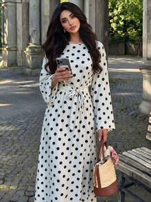 Polka Dot Long Dress With Flared Sleeves And Waist Tie Abaya, Suitable For Daily Wear - Multicolor - View 43