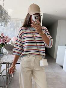 Women's New Autumn Colorblock Striped Crew Neck Knit Top, Gentle And Casual, Daily Wear, College Style - Water Blue - View 2