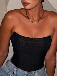 Women's Vintage Strapless Mesh Semi-Sheer Corset Bustier Tank Top With Lace-Up Back, Sexy Body Shaping Top Suitable For Outings, Music Festivals, Valentine's Day, Halloween - Black - View 4
