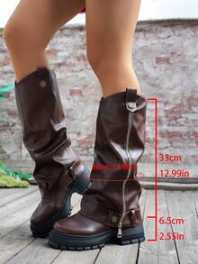 Women's Ruched Tall Boots, New High Shaft Riding Boots, Platform Thick Sole Stacked Leg Boots, Knee-High Boots - Brown - View 6