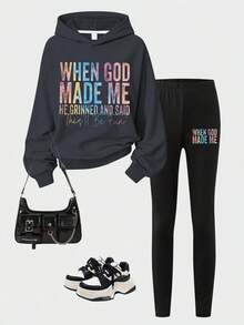 Fashionable Girls Casual Letter Print Hoodie Sweatshirt Paired With Slim Fit Leggings Long Pants, Spring Autumn Winter Daily Versatile 2pcs Set. - Dark Grey - View 3