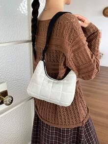 新款秋冬尼龍素色絎縫刺繡棉質夾克斜挎包，女款月牙翻蓋單肩包 - 白色 - 查看 7