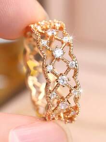 Vanel 1pc European Vintage Style Lace Window Grid 3D Embossed Ring, Niche Design Suitable For Party, Wedding, Daily Wear - Yellow Gold - View 5
