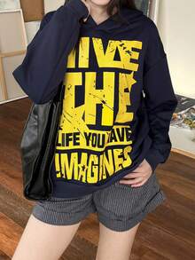 Navy Blue Letter Print Loose Fit American Vintage Style Pullover Hooded Sweatshirt For Women, Casual Lazy Look, Spring And Autumn - Navy Blue - View 1