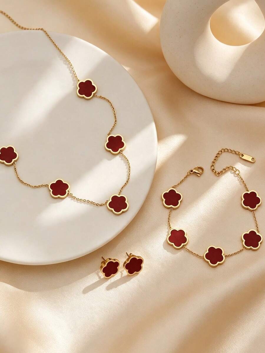 3件套經典幸運紅五瓣花不鏽鋼耳釘項鍊手鍊套組 - 紅色 - 查看 1