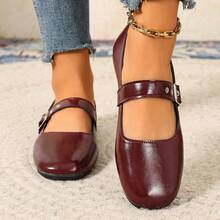 Women's Round Toe Low Heel Mary Jane Shoes, Metal Buckle Strap Shallow Vamp Shoes, Minimalist Korean Style Spring Autumn Commute Versatile Shoes - Burgundy - View 3
