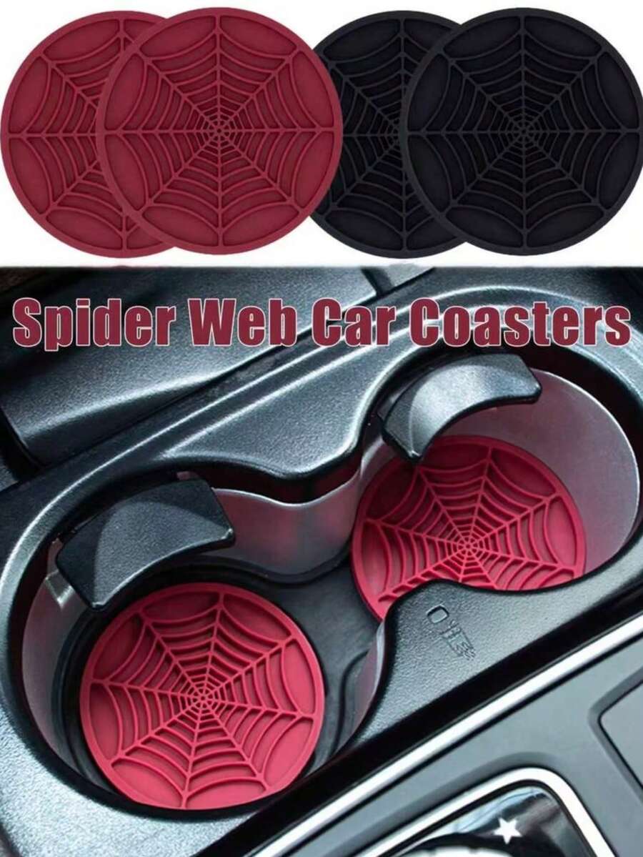 4 Packs Spider Web Car Coasters, Halloween Fun Non-Slip Silicone Decorative Coasters, Unisex Gothic Car Cup Holder Accessories - A - View 1