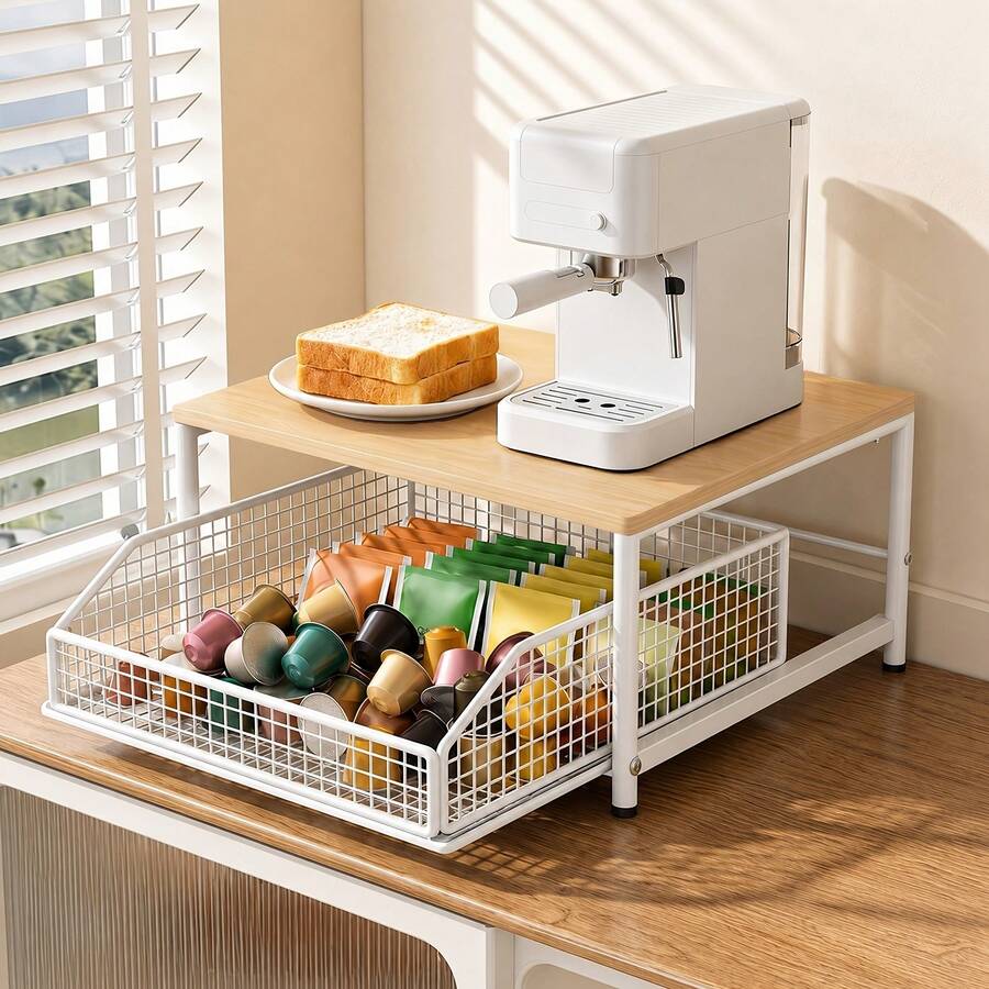 1pc Space-Saving Kitchen Countertop Storage Rack With Drawer And Metal Wire Basket, Fully Detachable Hardwood And Metal Storage Shelf, Suitable For Coffee Machine, Seasoning, Utensils, Microwave Oven, Multi-Functional Storage Rack - Multicolor - View 1
