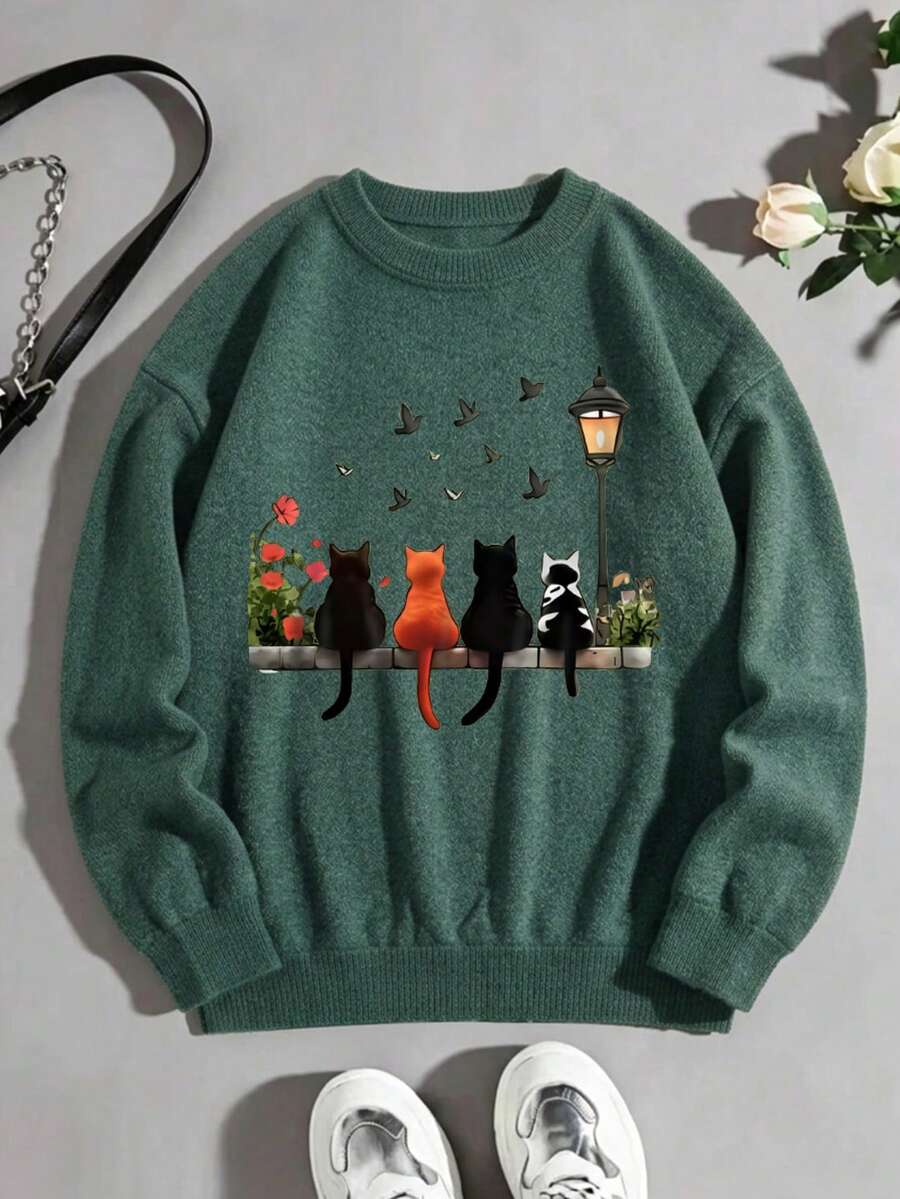 Women's Plus Size Pullover Sweater, Cute Cat Print, Long Sleeve Crew Neck Regular Fit Top, Autumn/Winter Essential - Green - View 1