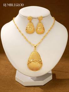 3pcs Luxury Exquisite Oval Middle Eastern Pattern Necklace & Earrings Set, 18K Gold Plated, Suitable For Women, Girls, Wedding, Party, Daily Wear - Gold - View 3