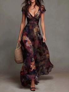 Vestido femenino de gasa fluida, escote V profundo, estampado de pintura artística, cintura entallada, falda amplia vaporosa - Marrón - Ver 3