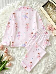 Cute Ballet Girl Cartoon Print Pajama Set, Children's Lapel Cardigan Long Sleeve + Long Pants Pajama Set, Pink Dreamy Girl Soft Skin-Friendly Pajama Set - Pink - View 2