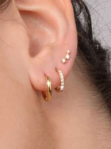 6pcs Simple Copper Zirconia Hoop Earrings Set For Women, Couples, Sisters, Vacation, Date, Gift, Daily Wear - Yellow Gold - View 1