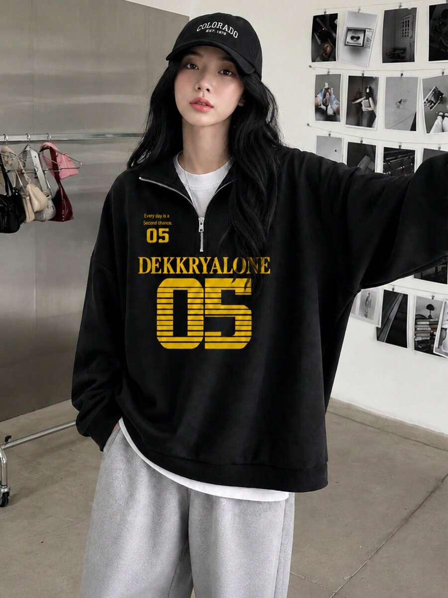 女款秋冬圓領寬鬆慵懶休閒百搭字母印花拉鍊連帽衛衣 黑色 - 黑色 - 查看 1