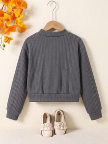 Girls' Simple Elegant V-Neck Cable Knit Button Cardigan With 3D Flower And Pearl Decor Long Sleeve Jacket, Spring Autumn Winter - Grey - View 2