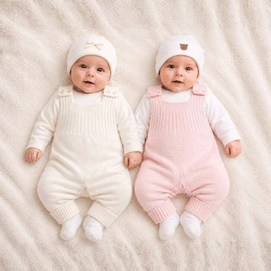 Kit 2 Jardineiras Tricot Romper Vira Pe Macacão Bebe Menina Menino Maternidade