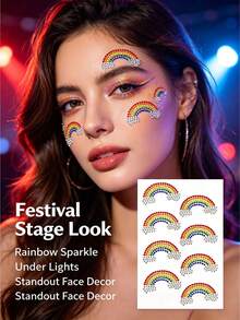 8pcs Dopamine Rainbow Curved Face Rhinestone Stickers, Gradient Multicolor Rhinestone Face Decoration, Creative Eye Makeup Glitter Decor, Suitable For Electronic Music Festival Party, Halloween Costume - Multicolor - View 6