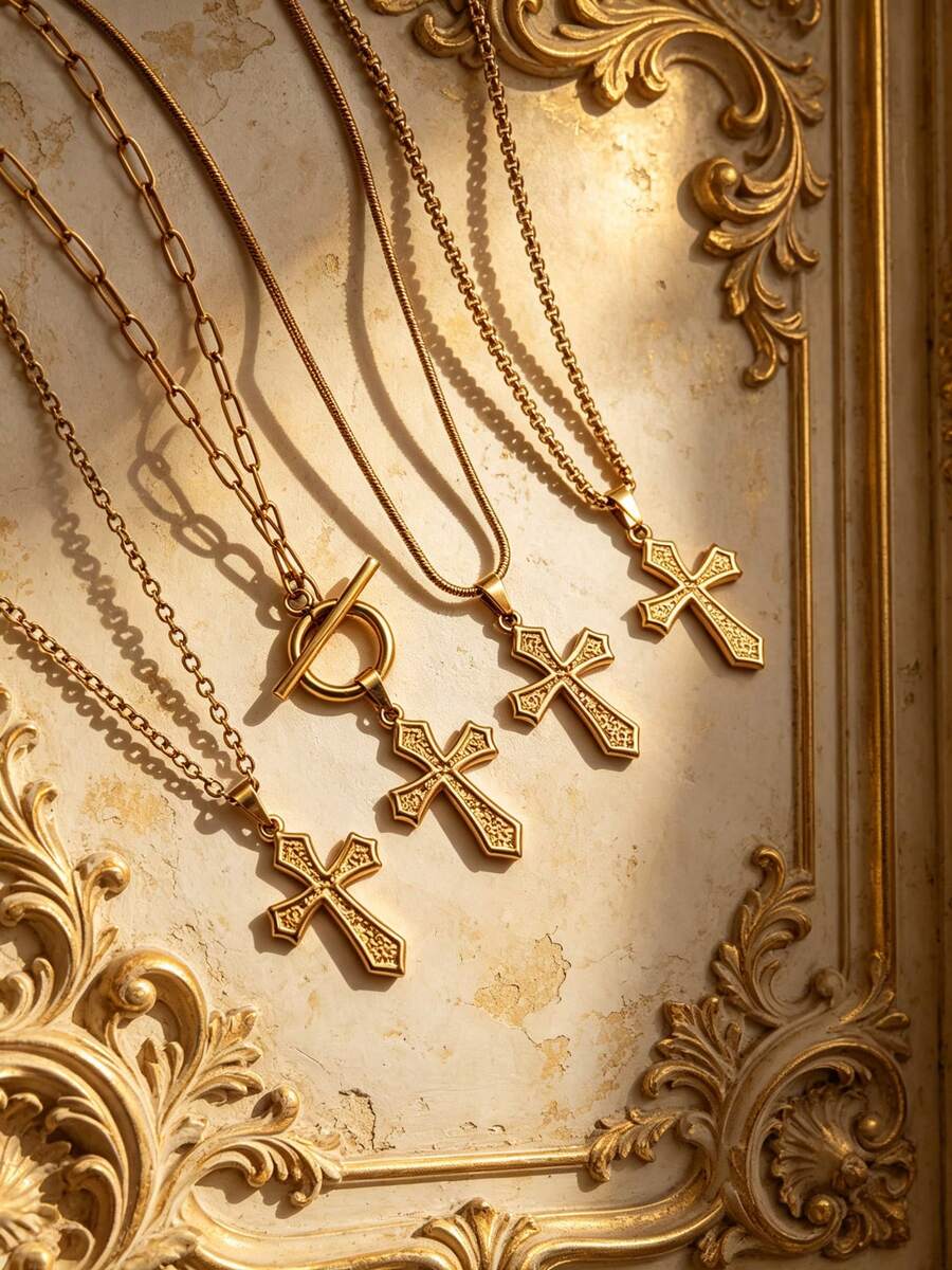 1pc Vintage Stainless Steel Gold Plated Classical Minimalist Totem Rune Cross Pendant Necklace Unisex Daily Wear Festival Wear Niche Luxury Versatile - Yellow Gold - View 1