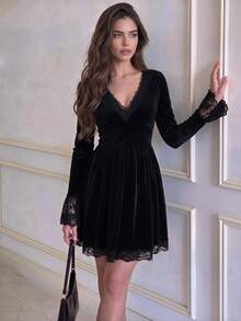 Women V Neck Long Sleeve Lace Dress A Line Flared Hem Elegant Apparel For Fall Party Going Out Dating - Black - View 4