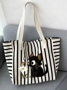 Set Tas Tote Kanvas Bergaris Motif Kucing Hitam Lucu dan Kupu-kupu Daisy dengan Dompet Kecil, Tas Bahu Kapasitas Besar untuk Wanita, Cocok untuk Perjalanan Sehari-hari dan Sekolah. - MultiWarna - View 8