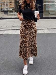 Roviva Women's Autumn Casual Commute Solid Color Loose Leopard Print Skirt, Suitable For Party, Gathering, Holiday, Birthday Party, Work Commute, Office, Beach Vacation, Beach, Daily Wear, Outdoor Street Photography, Music Festival, Back To School - Brown - View 1