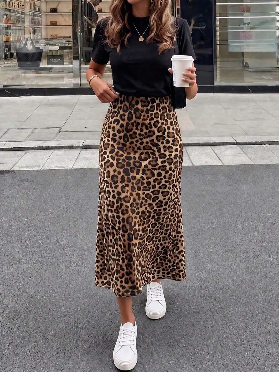 Roviva Women's Autumn Casual Commute Solid Color Loose Leopard Print Skirt, Suitable For Party, Gathering, Holiday, Birthday Party, Work Commute, Office, Beach Vacation, Beach, Daily Wear, Outdoor Street Photography, Music Festival, Back To School - Brown - View 1