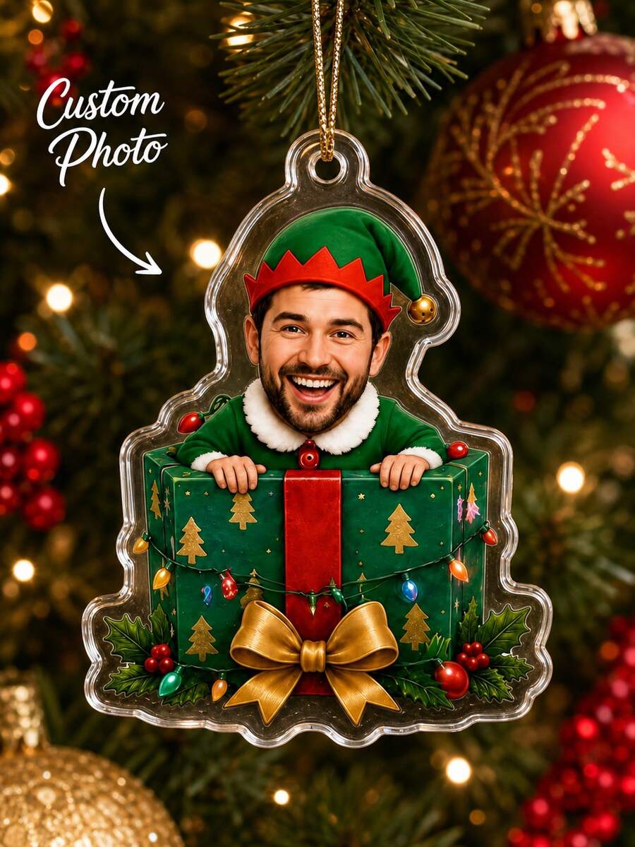 1pc Customized Family Face Christmas Ornament, Personalized Christmas Elf Gift Box Acrylic Pendant, Fun 1-5 Person Photo Keepsake, Holiday Gift, Christmas Tree Decoration, Christmas Gift - Multicolor - View 1