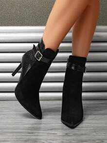 Women's Pointed Toe Stiletto Heel Ankle Boots, Colorblock Crocodile Skin Black Side Zipper Fashion Boots - Black - View 5