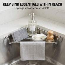 Stainless Steel Corner Sink Shelf Triangular Open Wire Rack | Drainage Drying Rack Organizer For Sponge Cloth Brush Soap Holder Raised Side Rustproof Kitchen Storage - Default - View 1