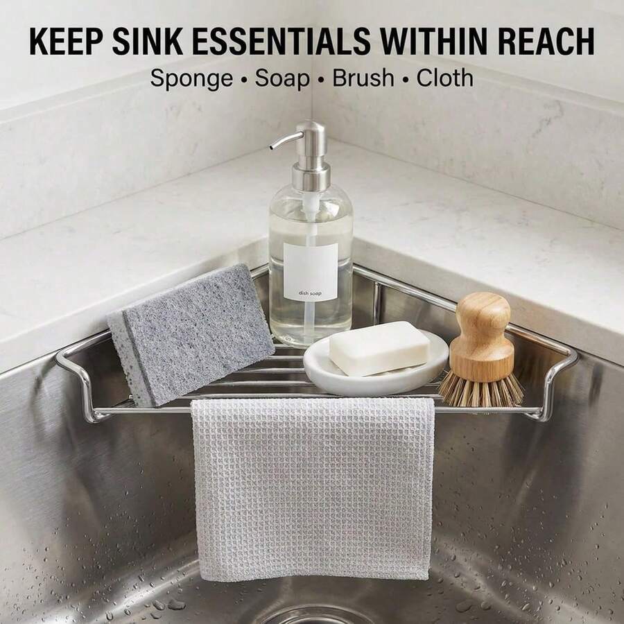 Stainless Steel Corner Sink Shelf Triangular Open Wire Rack | Drainage Drying Rack Organizer For Sponge Cloth Brush Soap Holder Raised Side Rustproof Kitchen Storage - Default - View 1