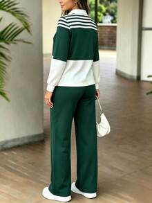 Spring/Autumn Women's New Fashion Colorblock Pullover Long Sleeve Top + High Waist Casual Versatile Straight Leg Pants 2-Piece Set - Dark Green - View 6
