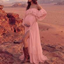 Maternity Ruffle White Long Sleeve Ruffle Hem Dress, High Slit Floor Length Gown, Loose Belly-Covering Maternity Dress For Pregnancy Photoshoot, Vacation, Party - Pink - View 6